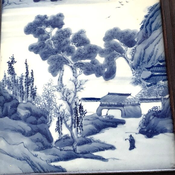 Chinese Export Canton Porcelain Wall Plaque Blue & White Wood Framed 9x18.25 Vtg - Picture 6 of 7